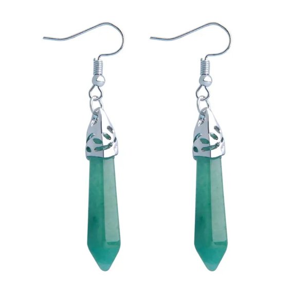 Green Aventurine Natural Stone Gemstone Hexagon Point Healing Dangle Earrings - Picture 3 of 3